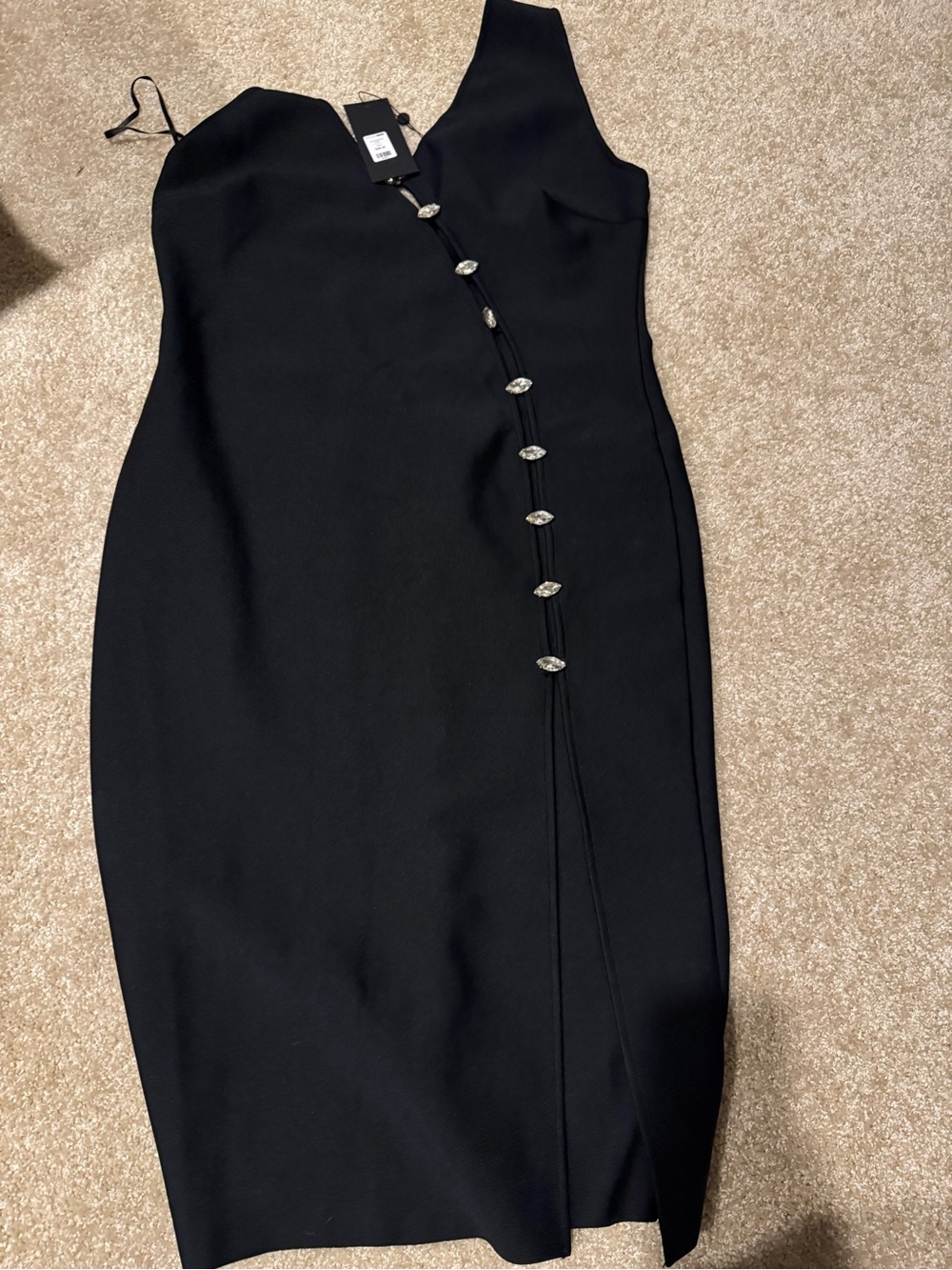 Fashion Nova Black One-Shoulder Midi Dress with Rhinestone Buttons
